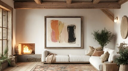 Mockup Frame in Farmhouse Living Room with Reclaimed Wood Abstract Expressionist Painting Exposed Beam Ceiling Plush Area Rug and Warm Firelight Glow