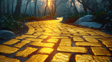 Yellow brick road into forest, walkway.