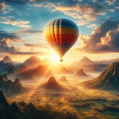 A colorful hot air balloon drifts above a sunlit mountain valley, capturing the beauty of nature at sunrise. The radiant light illuminates the landscape, creating a breathtaking and inspiring scene