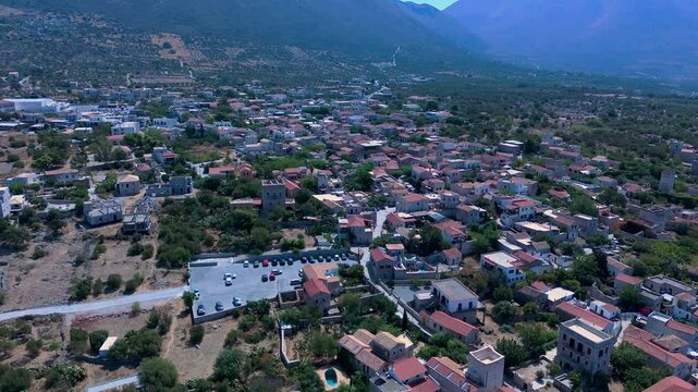 greece peloponnese region aeropoli town unique architecture stone houses and town square aerial view