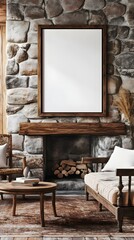 Mockup Frame in Rustic Farmhouse Living Room with Stone Fireplace Distressed Wood Furniture and Vintage Decor  Earthy Traditional and Refined Aesthetic