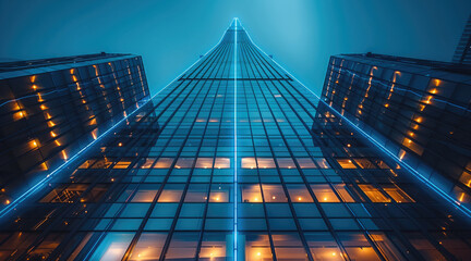 Low angle view a tower building all illuminated by LED lights.