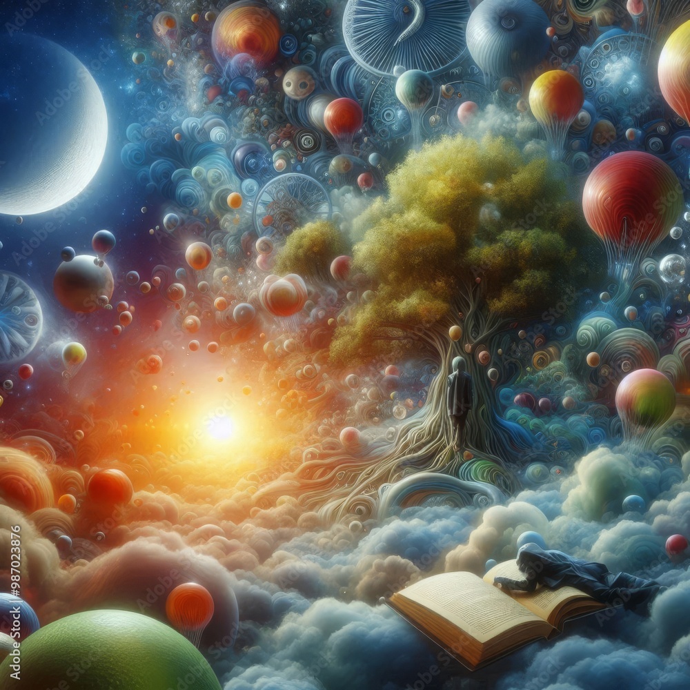 Poster a fantastical 3d-rendered image featuring a surreal landscape with a large tree growing from clouds,