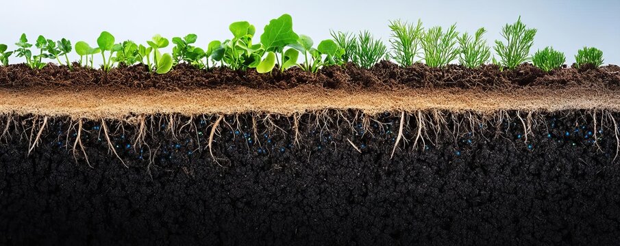 Cross-section of farmland soil showing diverse organisms contributing to soil health