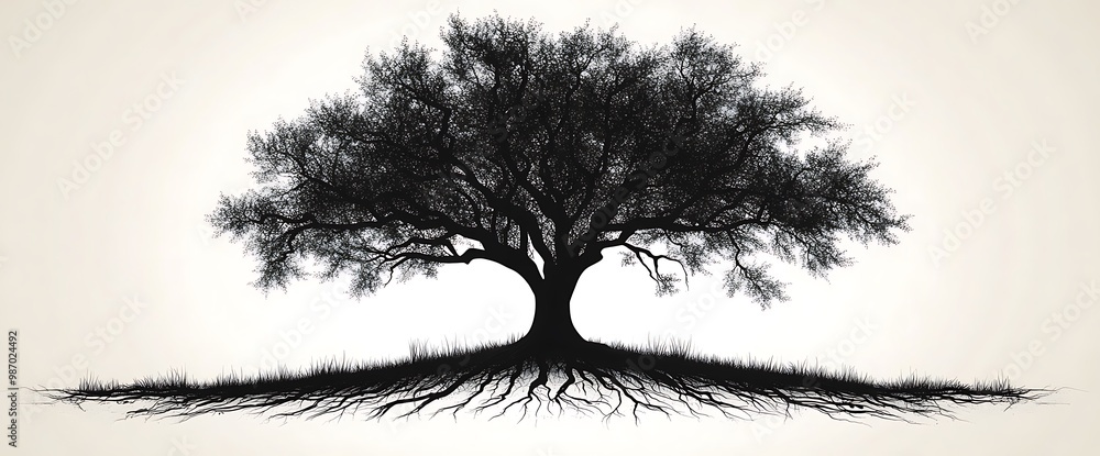 Poster silhouette of a large tree with roots spreading out.