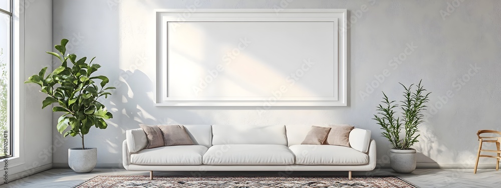 Poster mockup of a minimalist white floating frame displayed in a bright and airy scandinavian influenced f