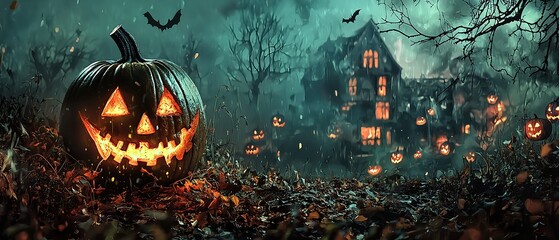 Obraz premium Spooky Halloween scene with a glowing jack-o-lantern in the foreground, a haunted house in the background, and bats flying in the air.