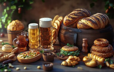 A Rustic Table Setting with Beer, Bread, and Snacks
