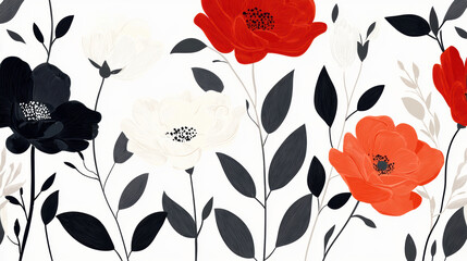 Fototapeta premium A vibrant floral pattern featuring bold red, elegant black, and soft white flowers, perfect for textile, wallpaper, or decorative projects.