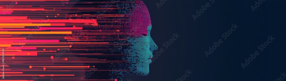 Poster a futuristic digital portrait depicting an abstract human head merging with vibrant data streams, re