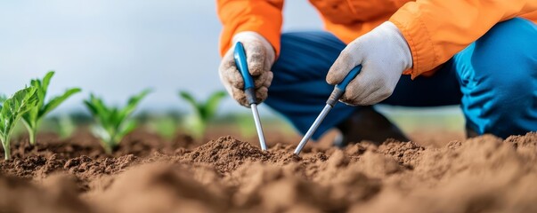 Farmer analyzing soil texture and composition with professional tools