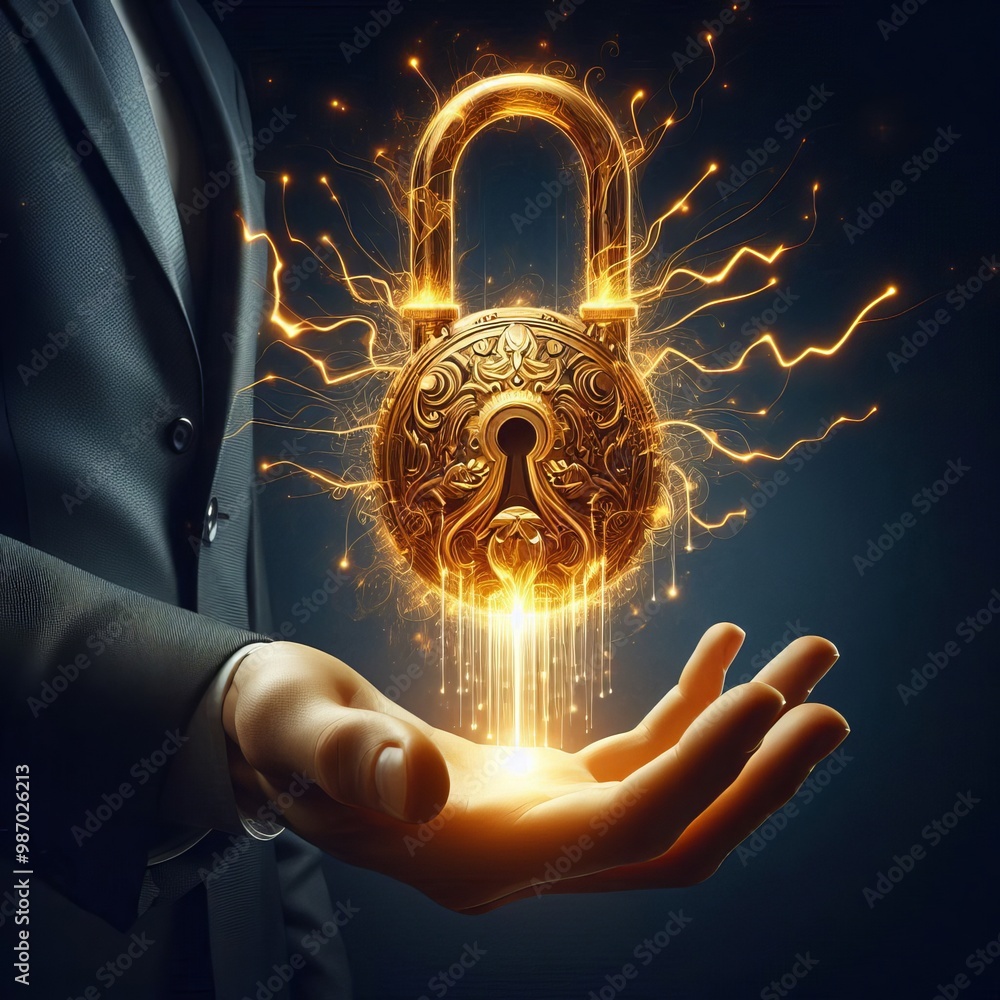Poster a glowing, intricately designed padlock hovering above an outstretched hand, symbolizing security an
