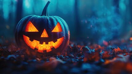 Fototapeta premium A carved pumpkin with a lit candle inside sits in a dark forest, illuminated by the flickering light.