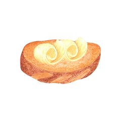 Hand drawn watercolor butter sticks on the piece of bread isolated on white background. Can be used for postcard, label, scrapbook and other printed products.