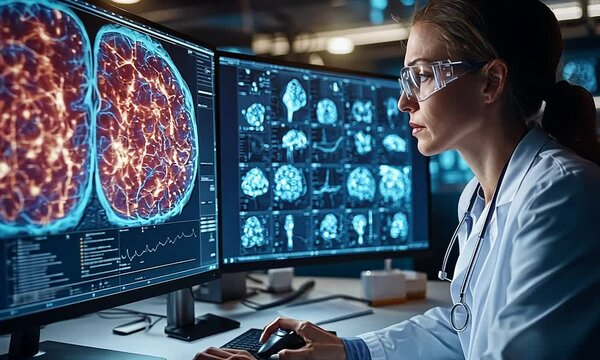 Woman in lab coat analyzing a brain scan on a computer screen