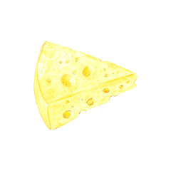 Hand drawn watercolor piece of cheese isolated on white background. Can be used for postcard, label, scrapbook and other printed products.