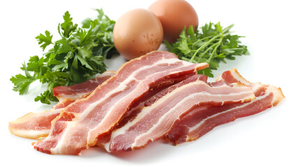 Tasty bacon, eggs and parsley isolated on white