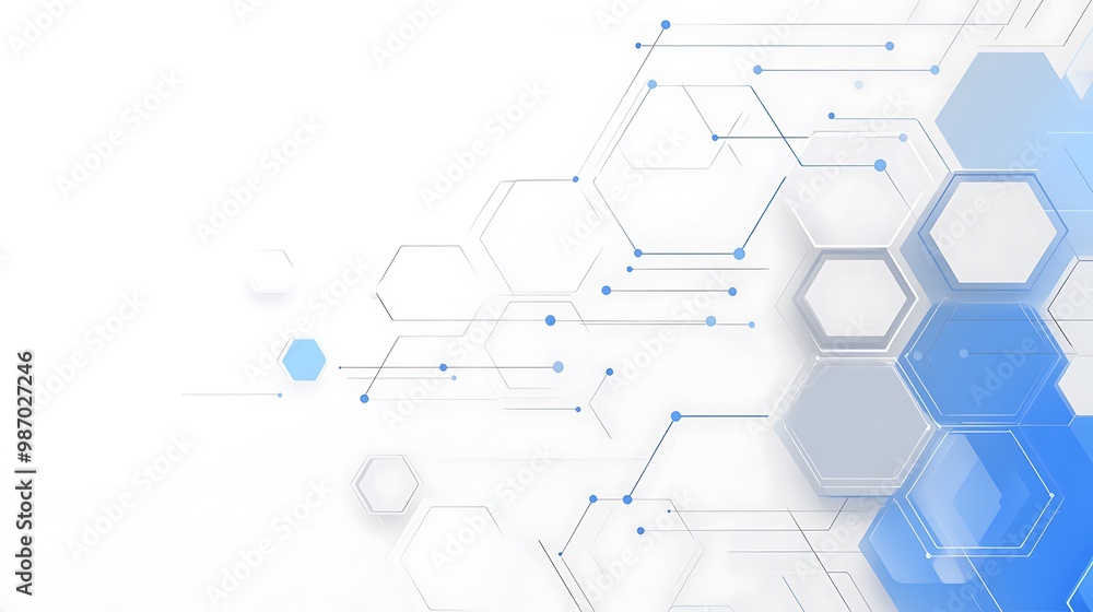 Poster abstract geometric pattern of blue and grey hexagons and lines on a white background.