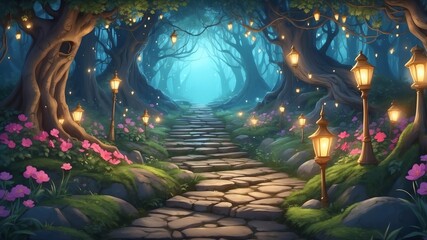 Enchanted Pathway with Lights Cartoon Background Design