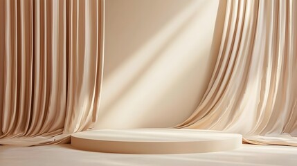 Beige Podium with Beautiful Flowing Curtain Backdrop in a Minimalist Studio Setting