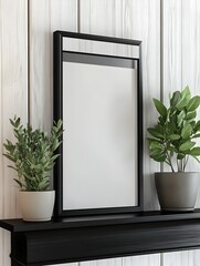 Pastoral farmhouse interior with whitewashed wood paneling and potted greenery featuring a sleek modern black frame resting on the mantelpiece under dramatic studio lighting