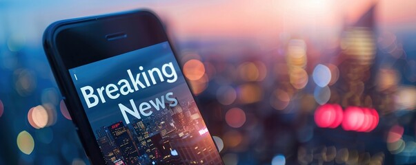 A news app on a smartphone showing a "Breaking News" notification with a blurred cityscape background, highlighting how news is consumed on-the-go.