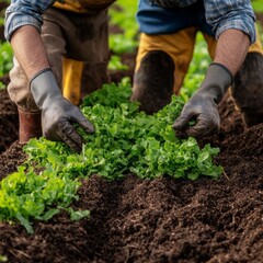 Fototapeta premium Farmers turning compost into soil, promoting organic farming techniques