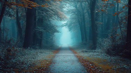 Naklejka premium mystical foggy forest path with blue tones and fallen leaves