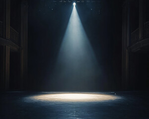 dark theatre stage with single spotlight  -  empty performance space -  moody background