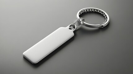 A silver metal keychain with a blank tag attached to it