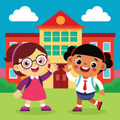 a cartoon picture of two children in front of a school building