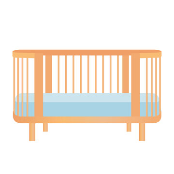 Cute baby cot in flat design. Child wooden crib with blue mattress. Vector illustration isolated.