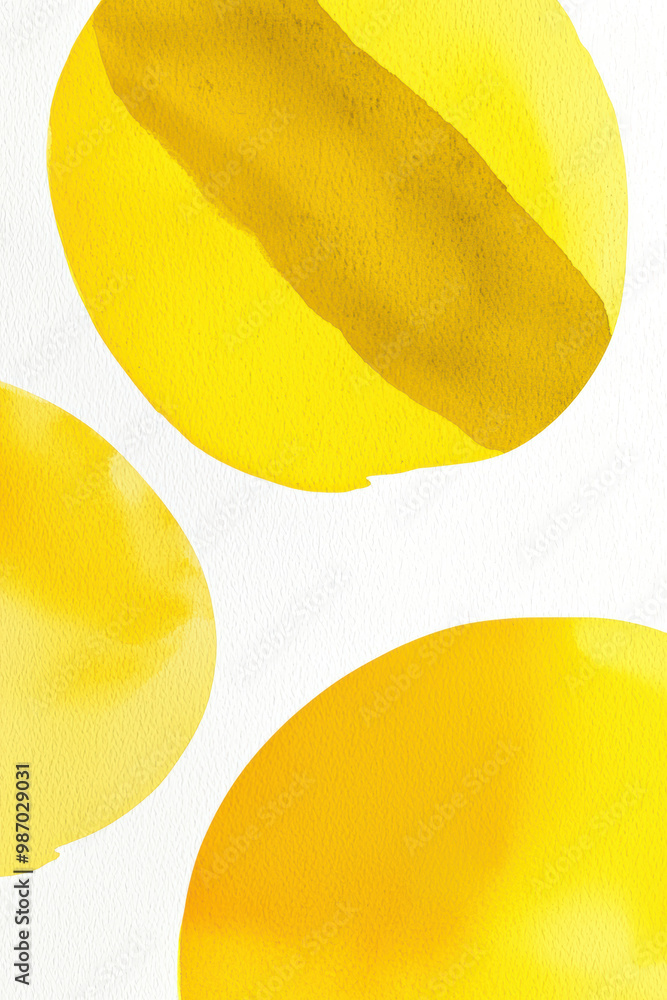 Sticker A vibrant collection of yellow watercolor circles, showcasing fluid textures and soft hues against a stark white background, perfect for artistic projects.