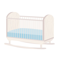 Cute baby cot in flat design. White wooden rocking crib with blue mattress. Vector illustration isolated.