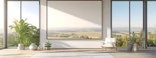 Rustic Farmhouse Elegance Countryside Mockup Frame in Serene Living Room with Large Windows Overlooking Pastoral Landscape