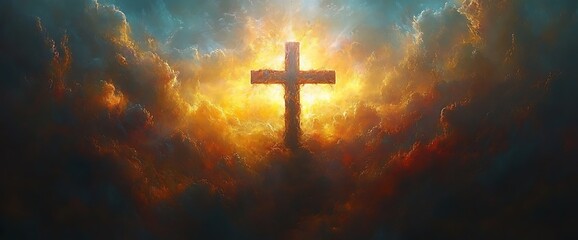 Fototapeta premium A majestic cross shines brightly through clouds, symbolizing hope and faith.