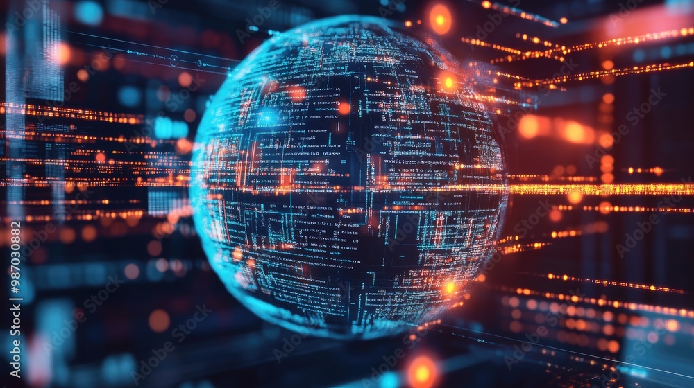 Poster a digital globe, layered with encryption and secure data transfers, symbolizing global cybersecurity