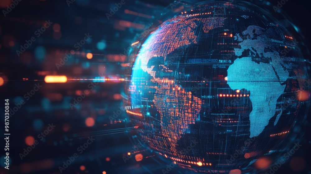 Poster a digital globe, layered with encryption and secure data transfers, symbolizing global cybersecurity