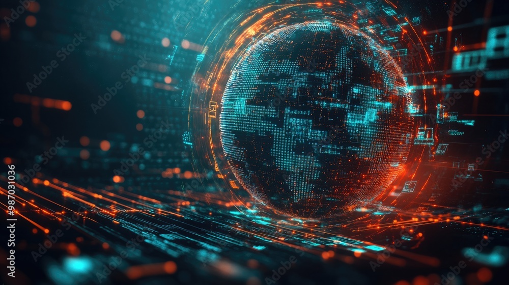 Poster a digital globe, layered with encryption and secure data transfers, symbolizing global cybersecurity
