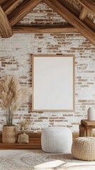 Rustic Farmhouse Living Room Mockup Frame with Neutral Fiber Accents and Exposed Brick Accent Wall  Cozy and Inviting Interior Design Decor