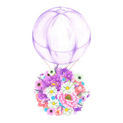 Hand drawn watercolor purple hot air balloon with bouquet of flowers isolated on white background. Can be used for postcard, poster and other printed products.