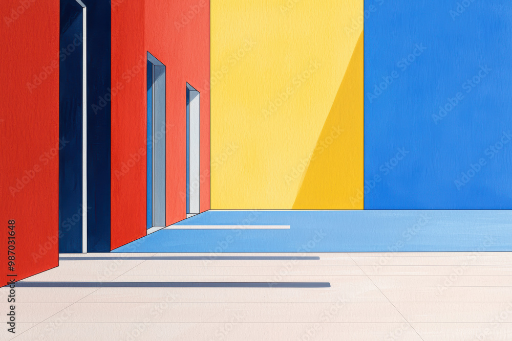 Poster a vibrant abstract landscape featuring bold colors and geometric shapes, creating an engaging visual