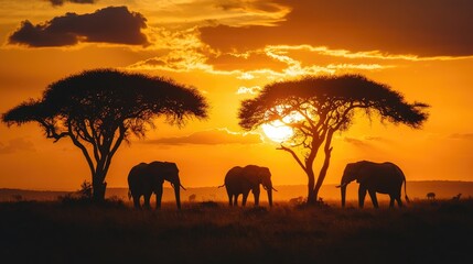 Fototapeta premium A dramatic sunset safari scene with silhouettes of elephants and acacia trees against an orange sky.