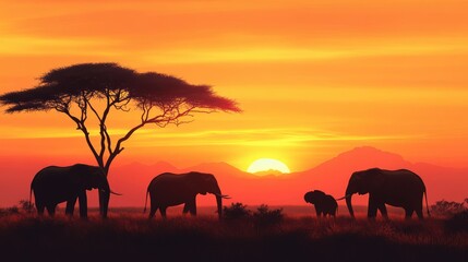 Fototapeta premium A dramatic sunset safari scene with silhouettes of elephants and acacia trees against an orange sky.