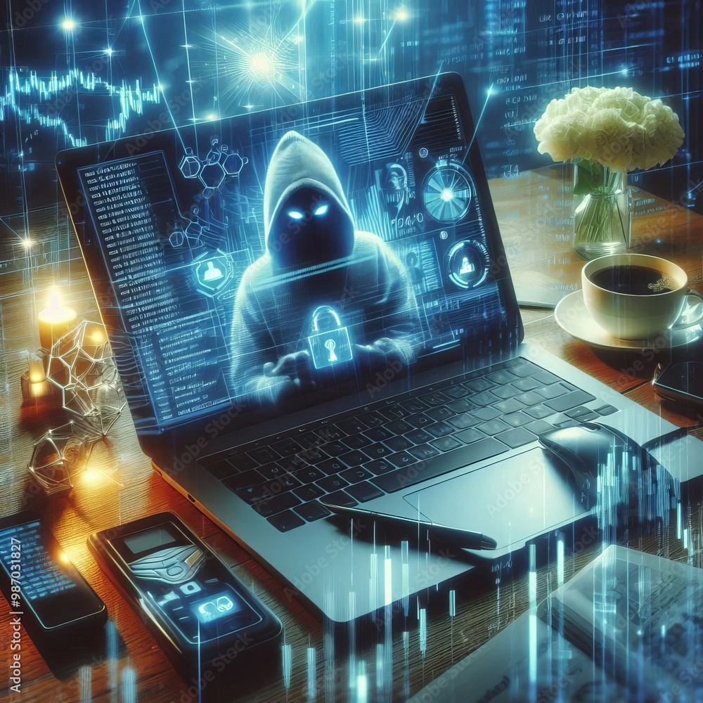 Poster a hooded figure representing a hacker appears on a laptop screen in a dark setting. the scene includ