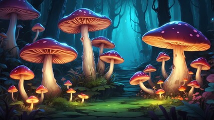Fototapeta premium Mysterious Glowing Mushrooms Cartoon Background Design