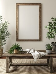 Rustic Farmhouse Style Mockup Frame with Distressed Wood Coffee Table Woven Throw Blanket and Potted Plants   Minimalist and Cozy Country Comfort Decor