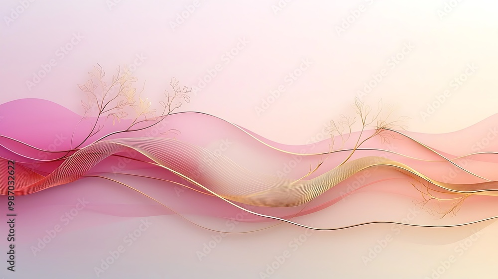 Poster abstract pink and gold waves with delicate branches, creating a modern and elegant design.