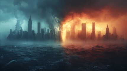 Urban Skyline Under Heavy Storms and Dramatic Skies