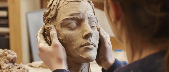 A sculptor carefully molds a clay bust, focusing on the intricate details of the face, embodying artistry and craftsmanship.